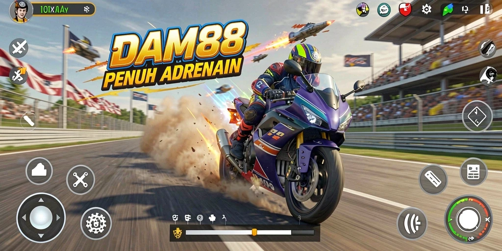 Tampilan mendebarkan dari gameplay balapan motor dalam DAM88.