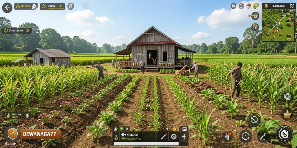 Screenshot gameplay DEWANAGA77, menampilkan aktivitas pertanian yang menyenangkan.