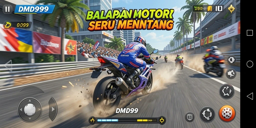 Screenshot DMD999 menampilkan aksi balapan motor yang intens.