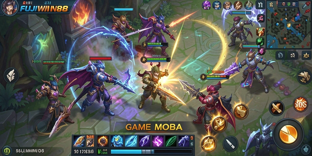 Tangkapan layar menampilkan aksi seru dalam permainan MOBA FUJIWIN88.