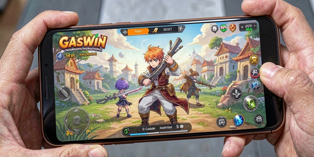 Screenshot menampilkan gameplay GASWIN dengan karakter anime yang dinamis.