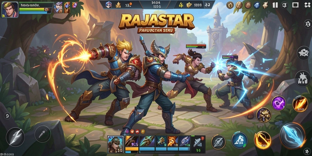 Screenshot gameplay RAJASTAR yang menampilkan aksi pertarungan tim.
