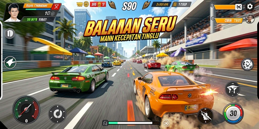 Tangkapan layar S80 menampilkan aksi balapan cepat dan mobil yang bertenaga.
