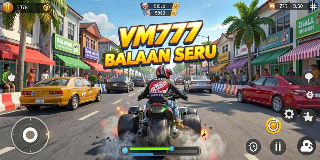 Screenshot utama VM777 menampilkan gameplay balapan yang mendebarkan.